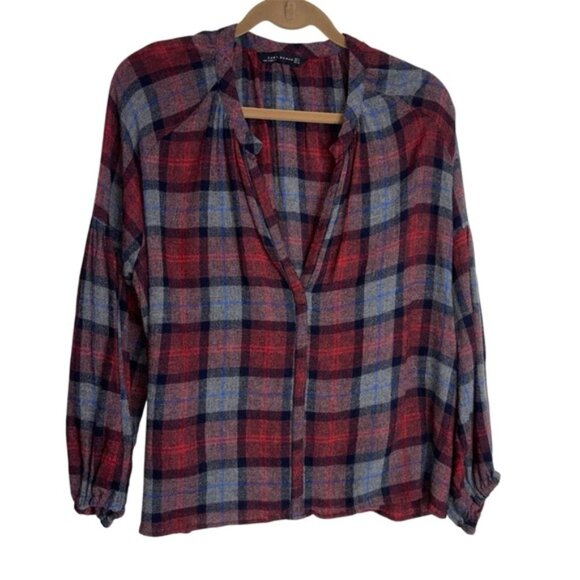 Zara Women's Medium Plaid Button Shirt V-neck Tunic Top Western Fall - Picture 1 of 8